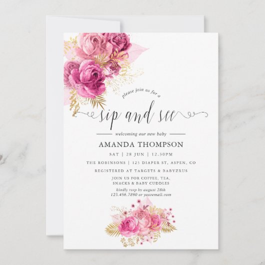 ピンクと金ゴールドバラ水彩Sipと参照 招待状 (正面)