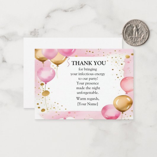 ピンクと金ゴールドバルーンありがとう ノートカード (正面/裏面インサイチュ)
