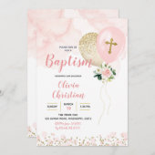 ピンクと金ゴールドバルーンガールバプテスマ招待状 招待状 (正面/裏面)