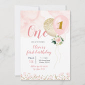 ピンクと金ゴールドバルーンガールファースト誕生日インビタティ 招待状