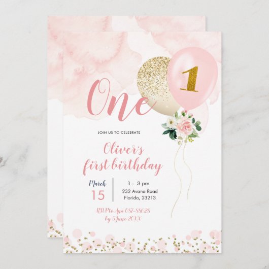 ピンクと金ゴールドバルーンガールファースト誕生日インビタティ 招待状 (正面/裏面)