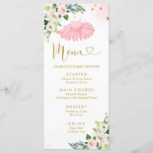 ピンクと金ゴールドバレリナツチュベビシャワーメニュー メニュー (正面)