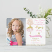 ピンクと金ゴールドバレリーナの誕生日写真 招待状 (スタンド正面)