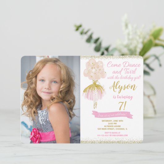 ピンクと金ゴールドバレリーナの誕生日写真 招待状 (スタンド正面)