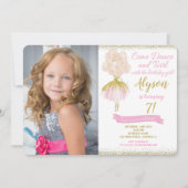 ピンクと金ゴールドバレリーナの誕生日写真 招待状 (正面)