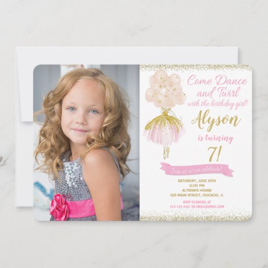 ピンクと金ゴールドバレリーナの誕生日写真 招待状 (正面)
