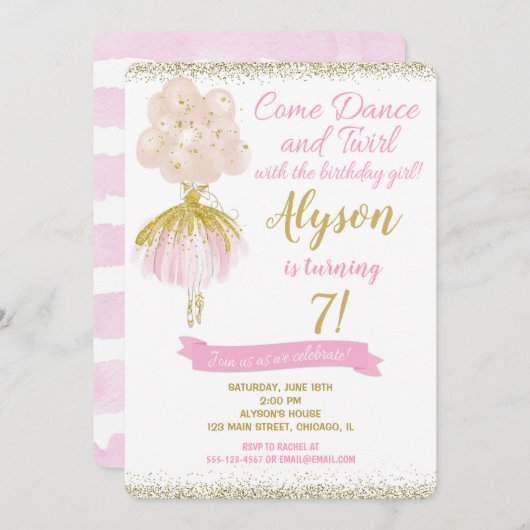 ピンクと金ゴールドバレリーナダンサーの誕生日 招待状 (正面/裏面)