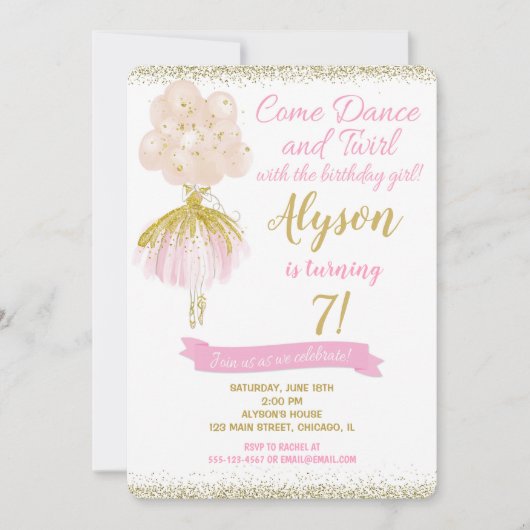 ピンクと金ゴールドバレリーナダンサーの誕生日 招待状 (正面)