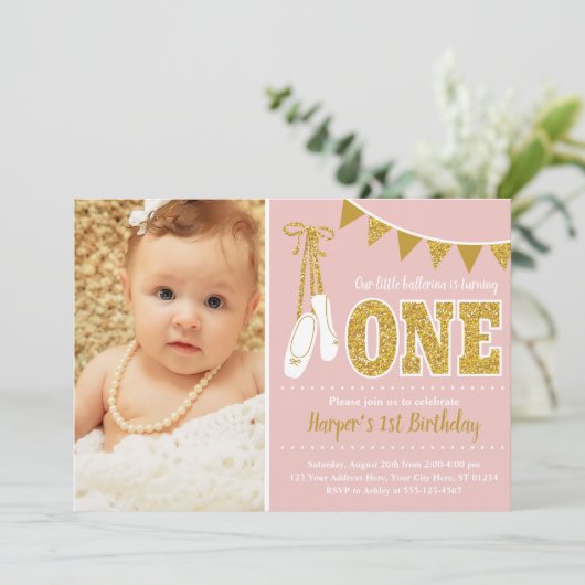 ピンクと金ゴールドバレリーナ1歳の誕生日 招待状 (スタンド正面)