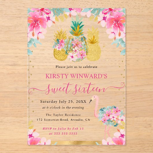 ピンクと金ゴールドパイナップルとフラミンゴ甘い16 アクリル招待状 (正面)