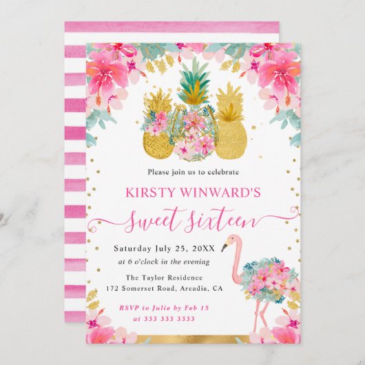 ピンクと金ゴールドパイナップルとフラミンゴ甘い16 招待状 (正面/裏面)
