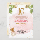 ピンクと金ゴールドパイナップル10歳の誕生パーティー 招待状 (正面/裏面)
