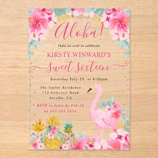 ピンクと金ゴールドパイナップル&フラミンゴスイート16 アクリル招待状 (正面)