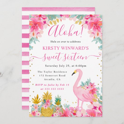 ピンクと金ゴールドパイナップル&フラミンゴスイート16 招待状 (正面/裏面)