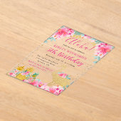 ピンクと金ゴールドパイナップル&フラミンゴ子供の誕生日 アクリル招待状 (レイダウン)