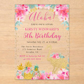 ピンクと金ゴールドパイナップル&フラミンゴ子供の誕生日 アクリル招待状 (正面)