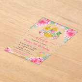 ピンクと金ゴールドパイナップル&フラミンゴ子供の誕生日 アクリル招待状 (レイダウン)