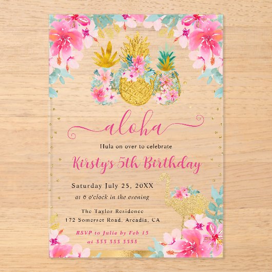 ピンクと金ゴールドパイナップル&フラミンゴ子供の誕生日 アクリル招待状 (正面)