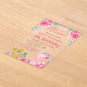 ピンクと金ゴールドパイナップル&フラミンゴ子供の誕生日 アクリル招待状 (レイダウン)