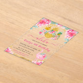 ピンクと金ゴールドパイナップル&フラミンゴ子供の誕生日 アクリル招待状 (レイダウン)