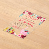 ピンクと金ゴールドパイナップル&フラミンゴ子供の誕生日 アクリル招待状 (レイダウン)