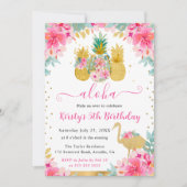 ピンクと金ゴールドパイナップル&フラミンゴ子供の誕生日 招待状 (正面)