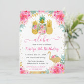 ピンクと金ゴールドパイナップル&フラミンゴ子供の誕生日 招待状 (スタンド正面)