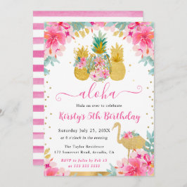 ピンクと金ゴールドパイナップル&フラミンゴ子供の誕生日 招待状