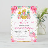 ピンクと金ゴールドパイナップル&フラミンゴ子供の誕生日 招待状 (スタンド正面)