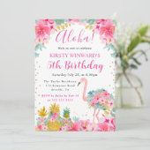 ピンクと金ゴールドパイナップル&フラミンゴ子供の誕生日 招待状 (スタンド正面)