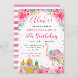 ピンクと金ゴールドパイナップル&フラミンゴ子供の誕生日 招待状