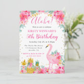 ピンクと金ゴールドパイナップル&フラミンゴ子供の誕生日 招待状 (スタンド正面)