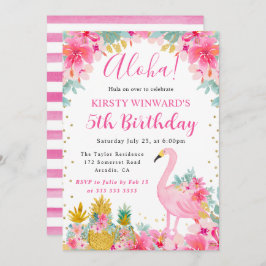 ピンクと金ゴールドパイナップル&フラミンゴ子供の誕生日 招待状