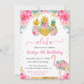 ピンクと金ゴールドパイナップル&フラミンゴ子供の誕生日 招待状 (正面)