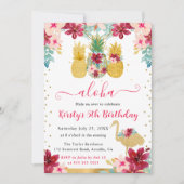 ピンクと金ゴールドパイナップル&フラミンゴ子供の誕生日 招待状 (正面)