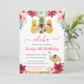 ピンクと金ゴールドパイナップル&フラミンゴ子供の誕生日 招待状 (スタンド正面)