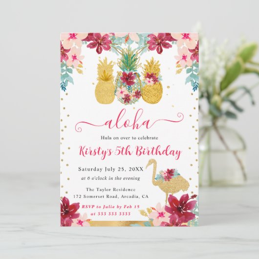 ピンクと金ゴールドパイナップル&フラミンゴ子供の誕生日 招待状 (スタンド正面)
