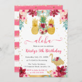 ピンクと金ゴールドパイナップル&フラミンゴ子供の誕生日 招待状 (正面/裏面)