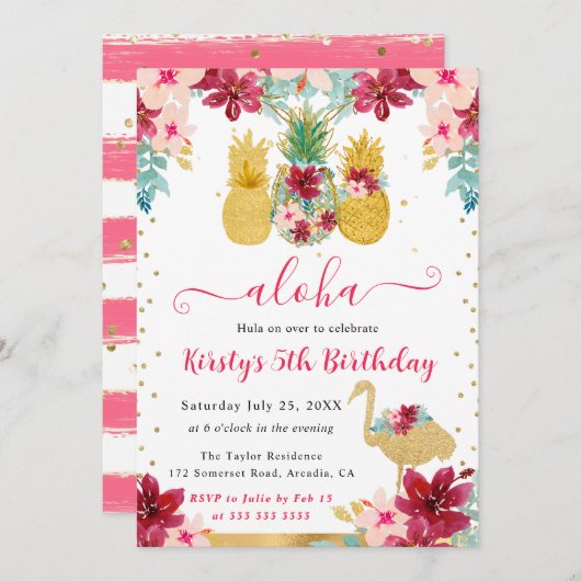 ピンクと金ゴールドパイナップル&フラミンゴ子供の誕生日 招待状 (正面/裏面)