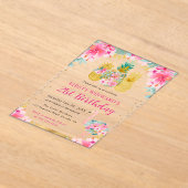 ピンクと金ゴールドパイナップル&フラミンゴ21歳 アクリル招待状 (レイダウン)