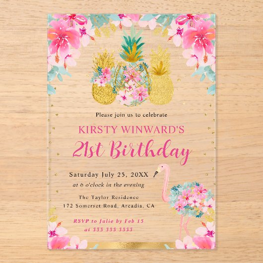 ピンクと金ゴールドパイナップル&フラミンゴ21歳 アクリル招待状 (正面)