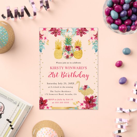 ピンクと金ゴールドパイナップル&フラミンゴ21歳 アクリル招待状 (インサイチュ (お祝い))