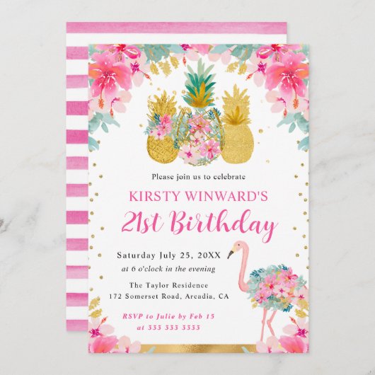 ピンクと金ゴールドパイナップル&フラミンゴ21歳 招待状 (正面/裏面)