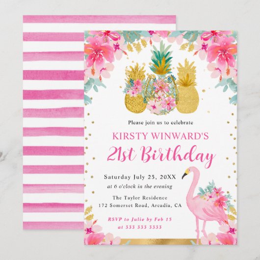 ピンクと金ゴールドパイナップル&フラミンゴ21歳 招待状 (正面/裏面)