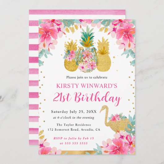 ピンクと金ゴールドパイナップル&フラミンゴ21歳 招待状 (正面/裏面)