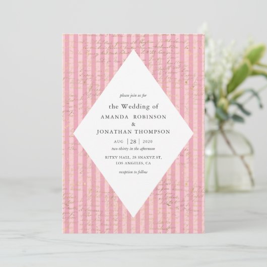 ピンクと金ゴールドパリスをテーマにした書結婚道 招待状 (スタンド正面)