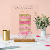 ピンクと金ゴールドパーソナライズされたケーキ「ようこそ」 アクリルサイン (ウェディング)