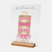 ピンクと金ゴールドパーソナライズされたケーキ「ようこそ」 アクリルサイン (傾斜)