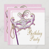 ピンクと金ゴールドパールマスカレードパーティー 招待状 (正面/裏面)