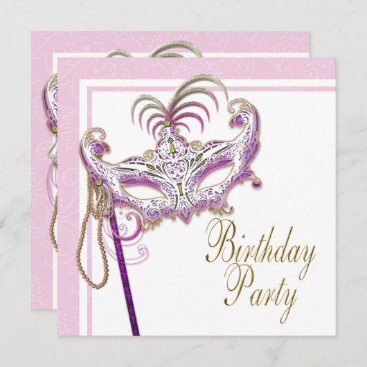 ピンクと金ゴールドパールマスカレードパーティー 招待状 (正面/裏面)